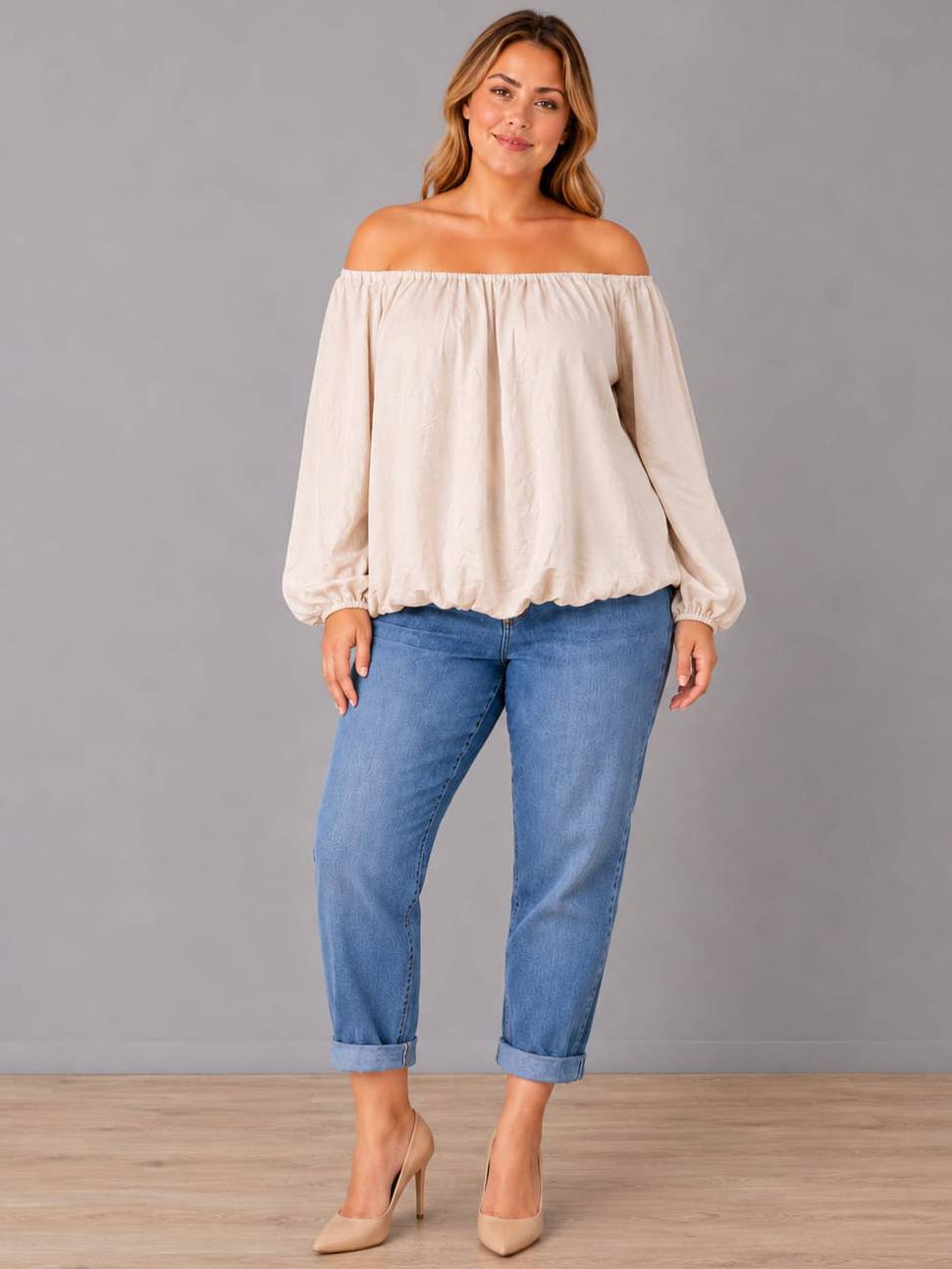 Oversized Off Shoulder Top Beige