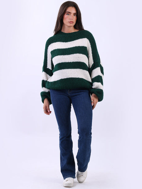 Stripy Batwing Jumper Bottle Green