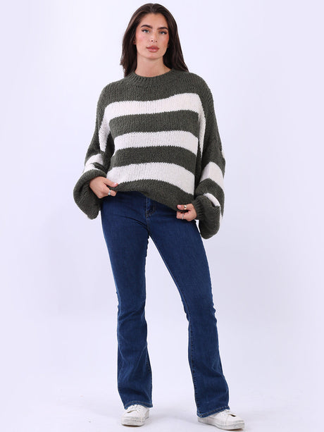 Stripy Batwing Jumper Khaki