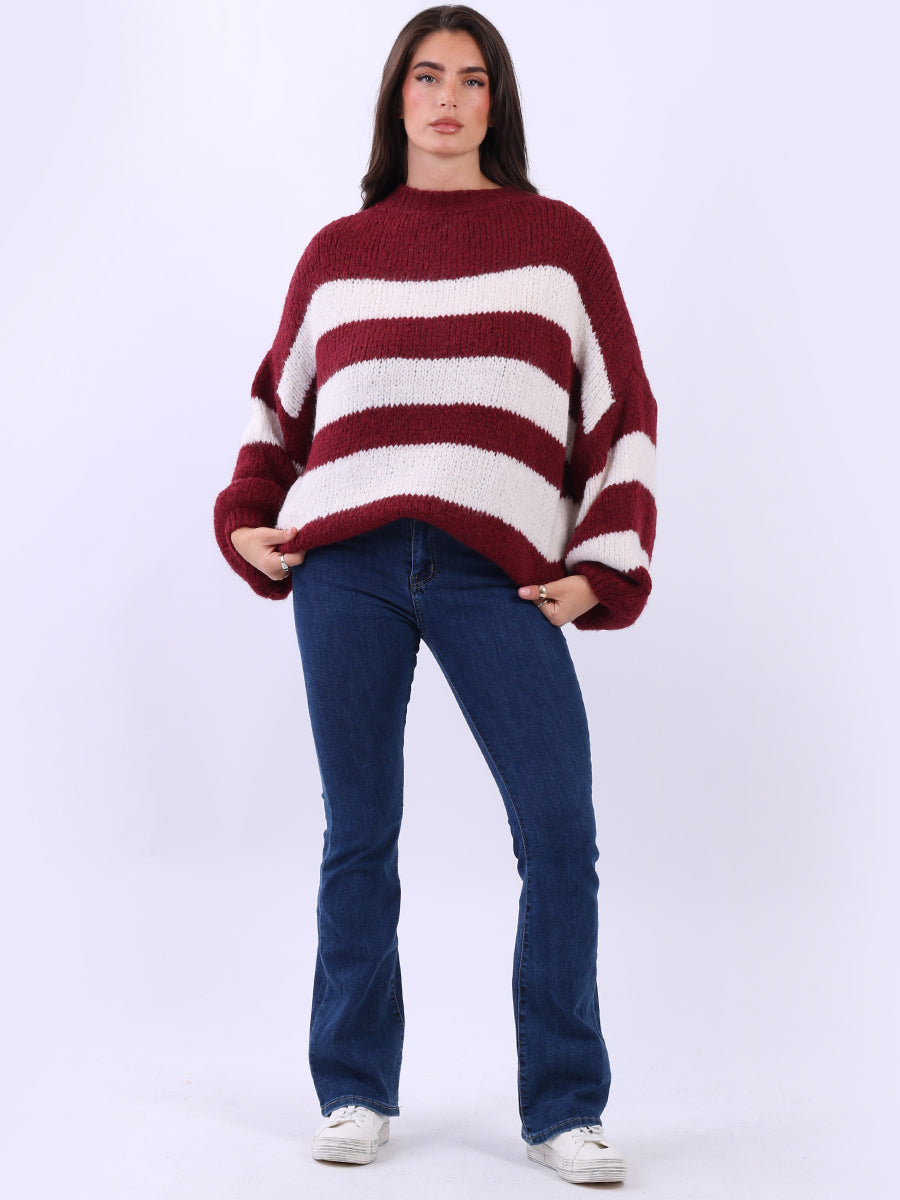 Stripy Batwing Jumper Wine