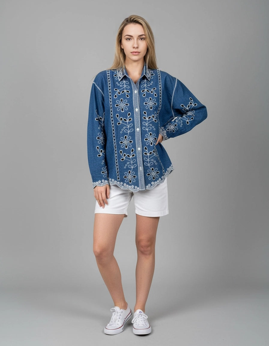 Broderie Button Down Shirt Denim
