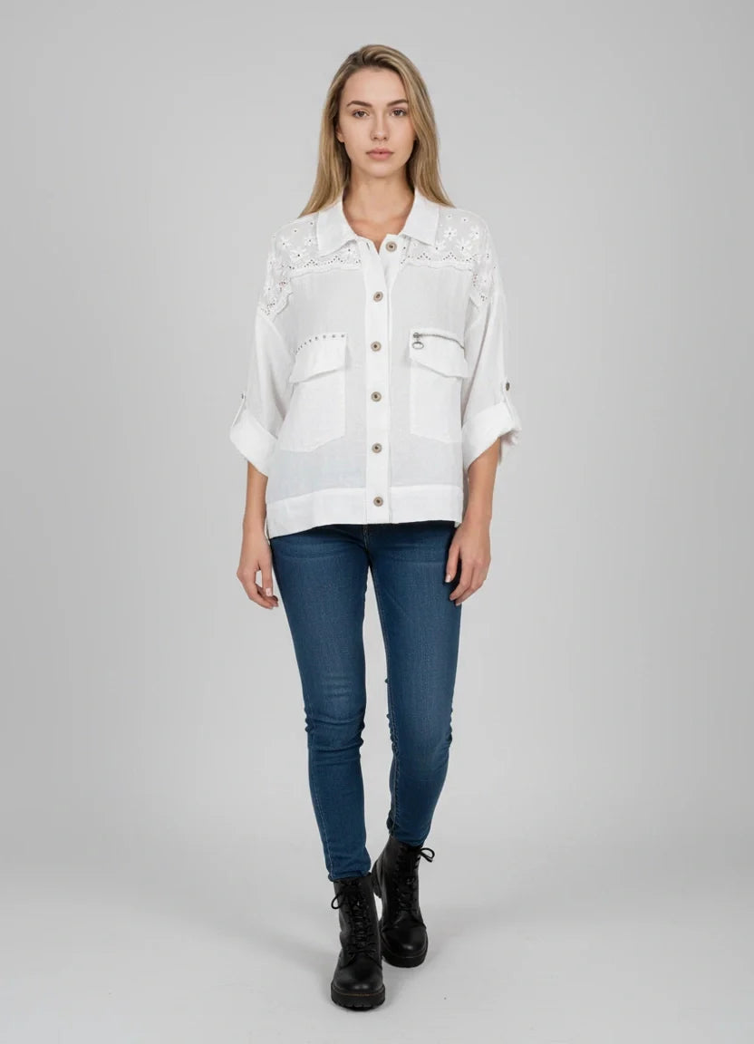 Embroided Front Button Linen Jacket