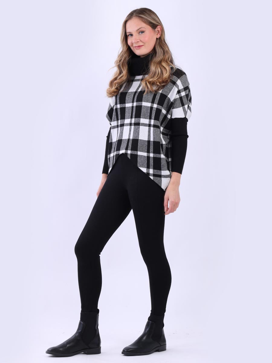 Check Print Cowl Neck Batwing Knitted Jumper