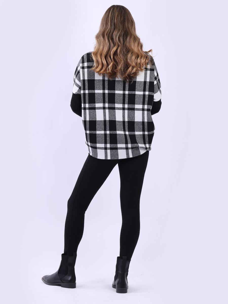 Check Print Cowl Neck Batwing Knitted Jumper