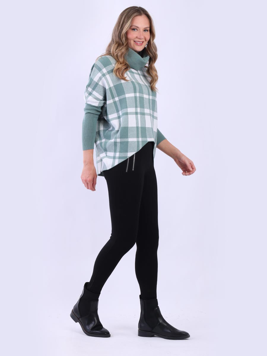 Check Print Cowl Neck Batwing Knitted Jumper