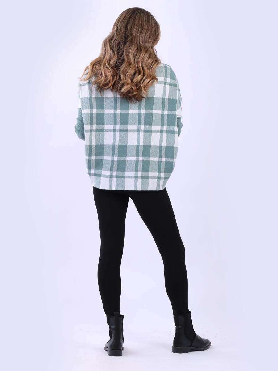 Check Print Cowl Neck Batwing Knitted Jumper