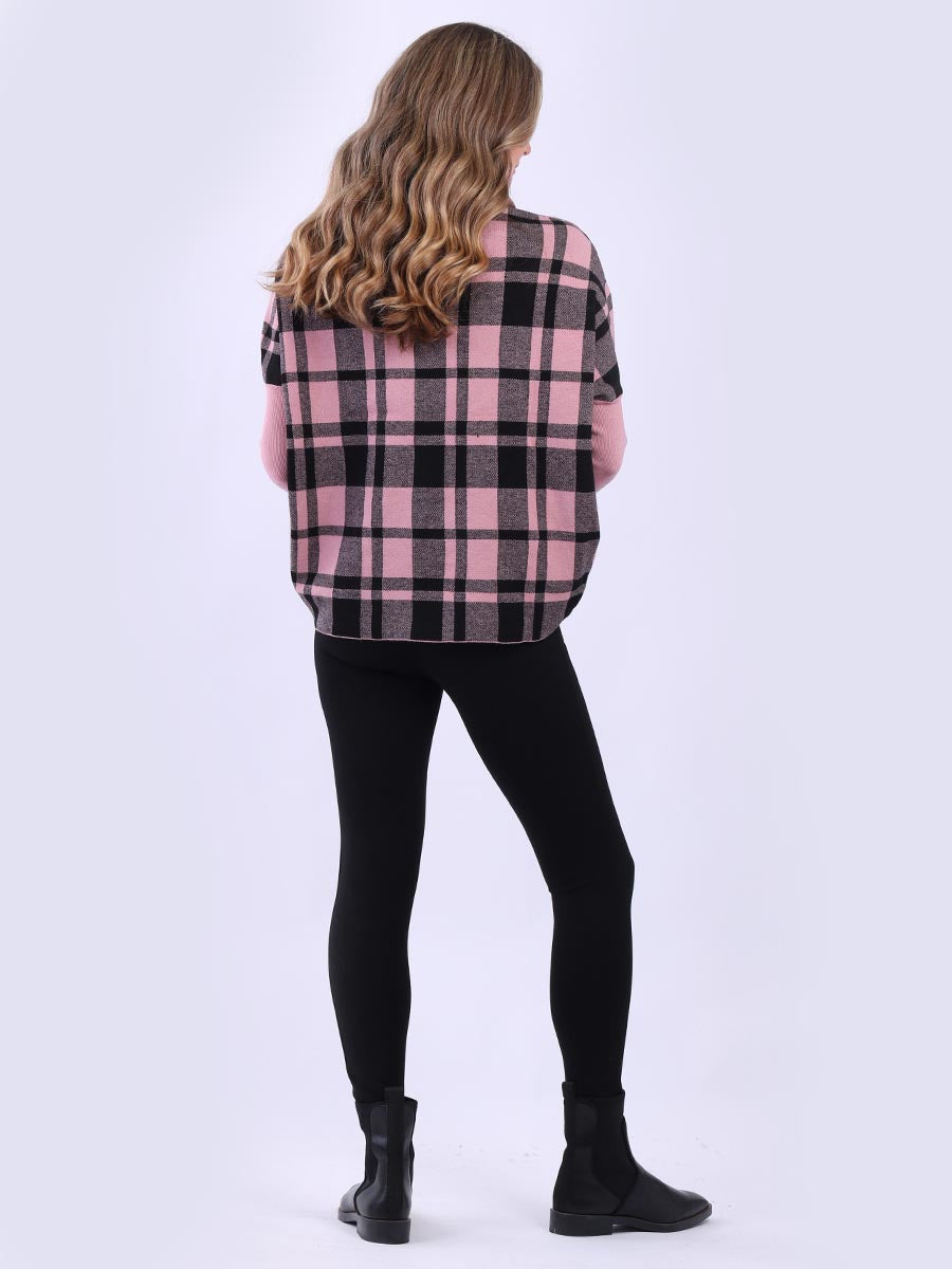 Check Print Cowl Neck Batwing Knitted Jumper