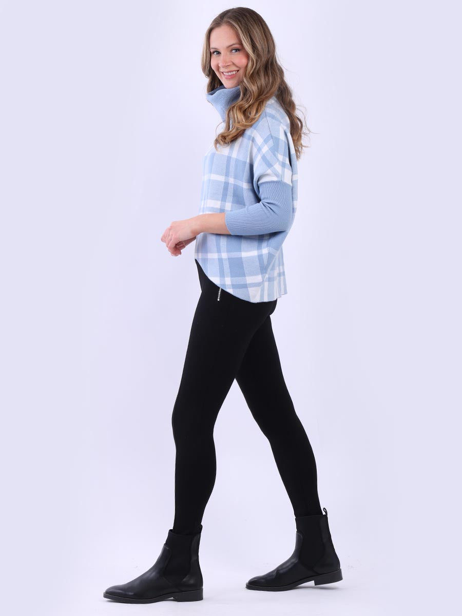 Check Print Cowl Neck Batwing Knitted Jumper