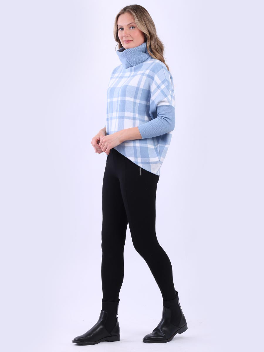 Check Print Cowl Neck Batwing Knitted Jumper