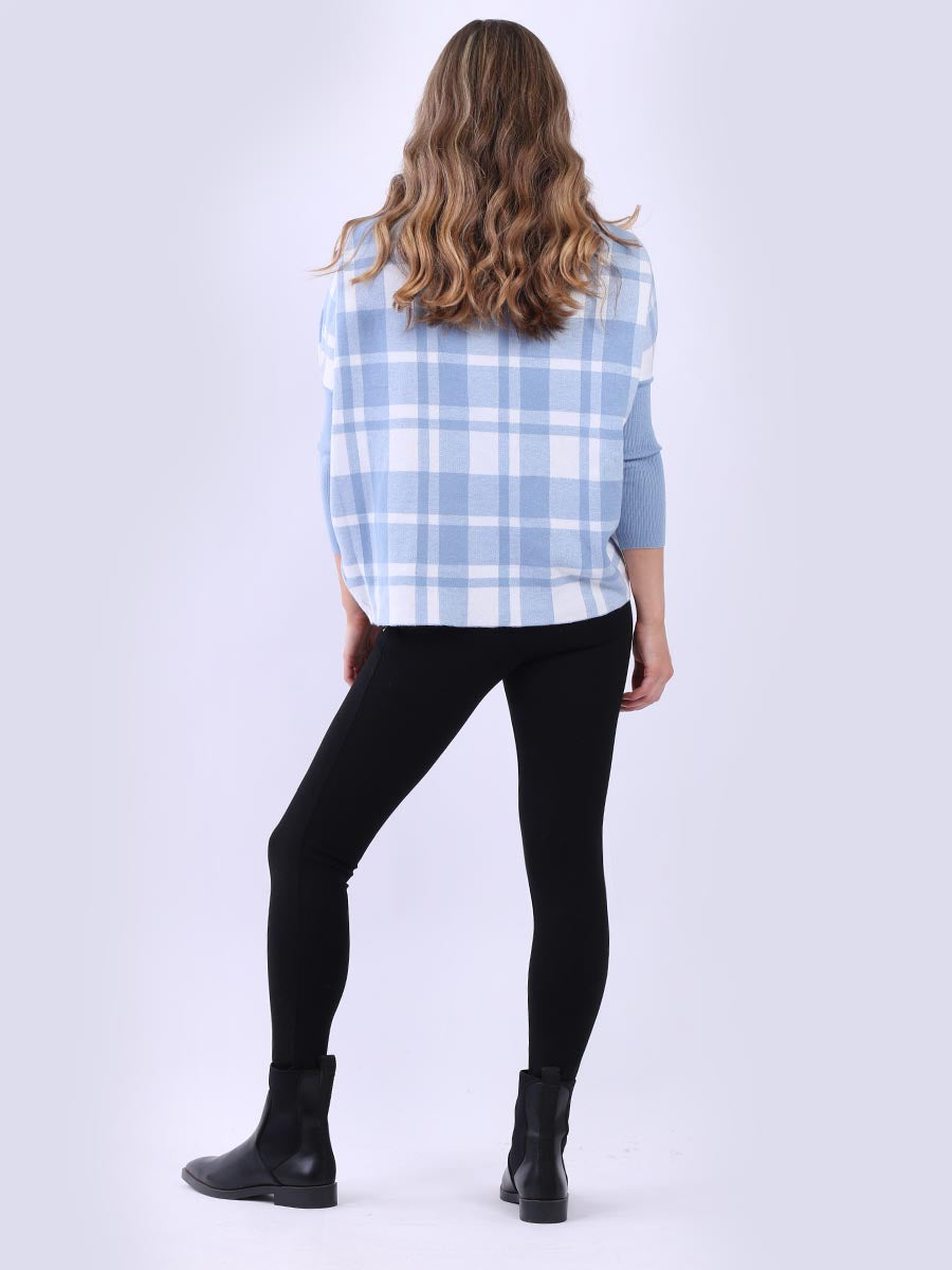 Check Print Cowl Neck Batwing Knitted Jumper