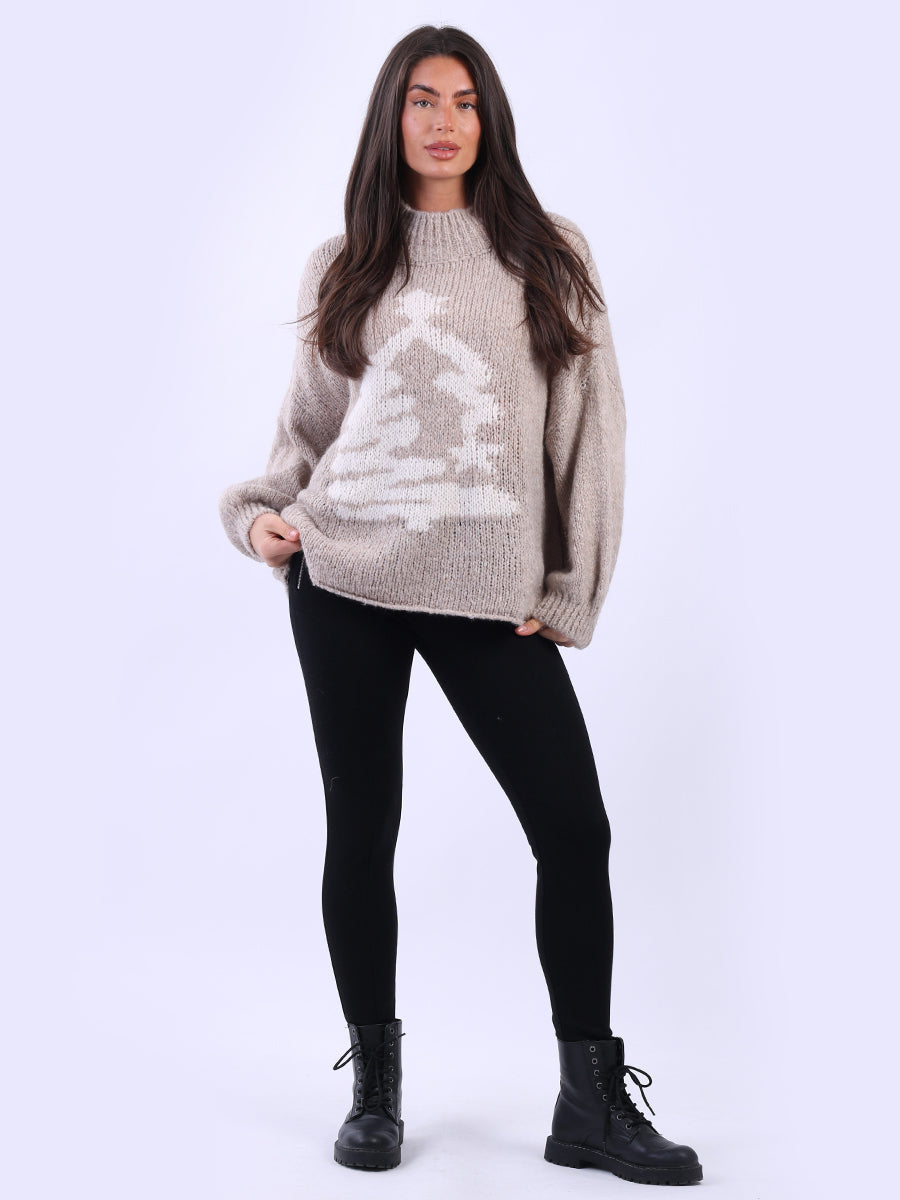 Xmas Tree Knitted Baggy Jumper Beige
