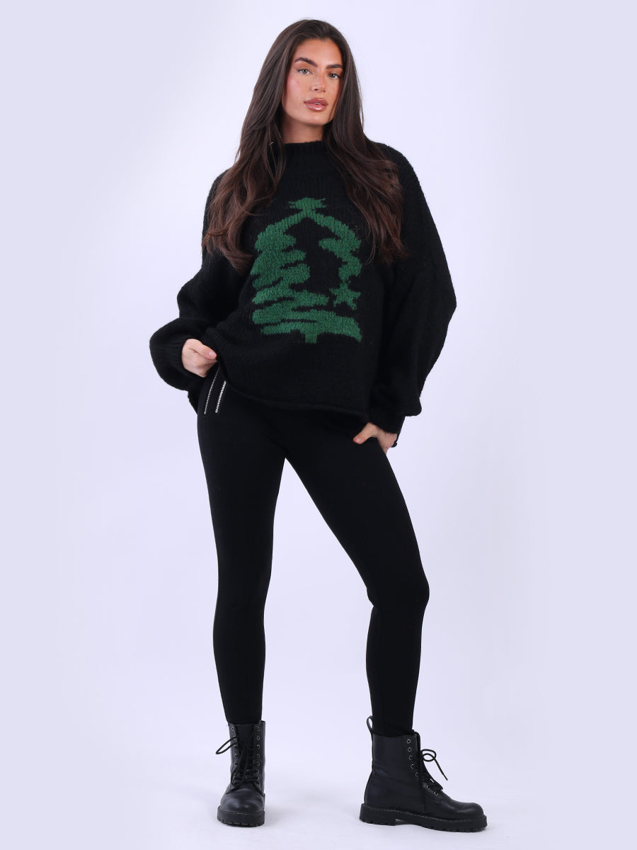 Xmas Tree Knitted Baggy Jumper Black