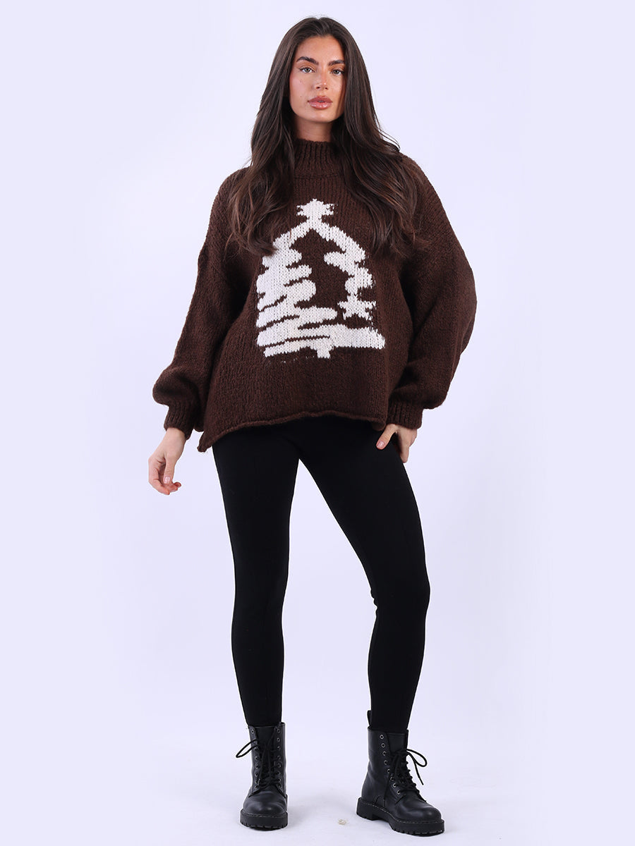 Xmas Tree Knitted Baggy Jumper Chocolate