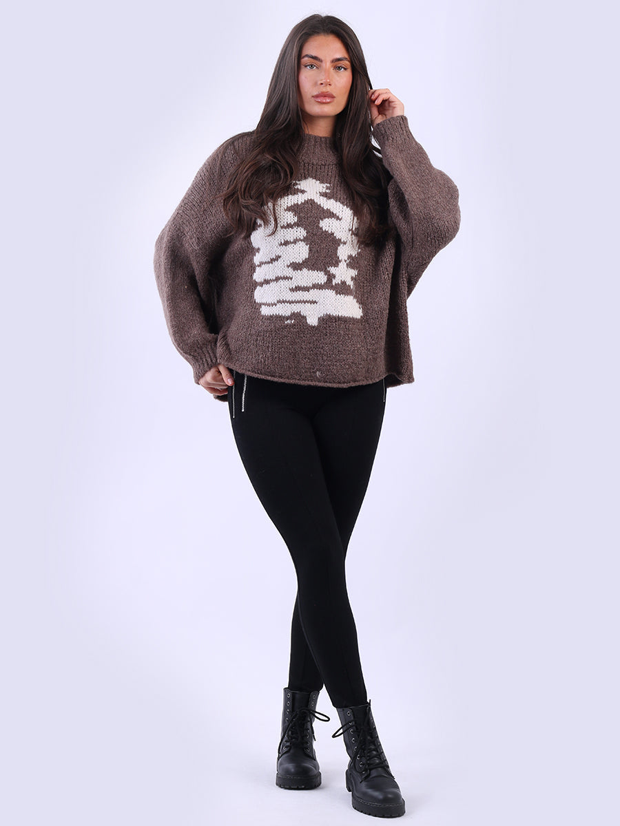 Xmas Tree Knitted Baggy Jumper Dark Mocha
