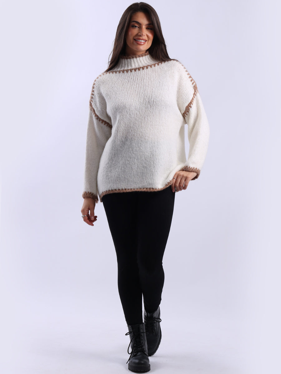 Contrast Stitch Woolen Knit Jumper Beige