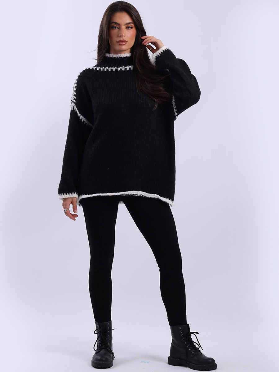 Contrast Stitch Woolen Knit Jumper Black