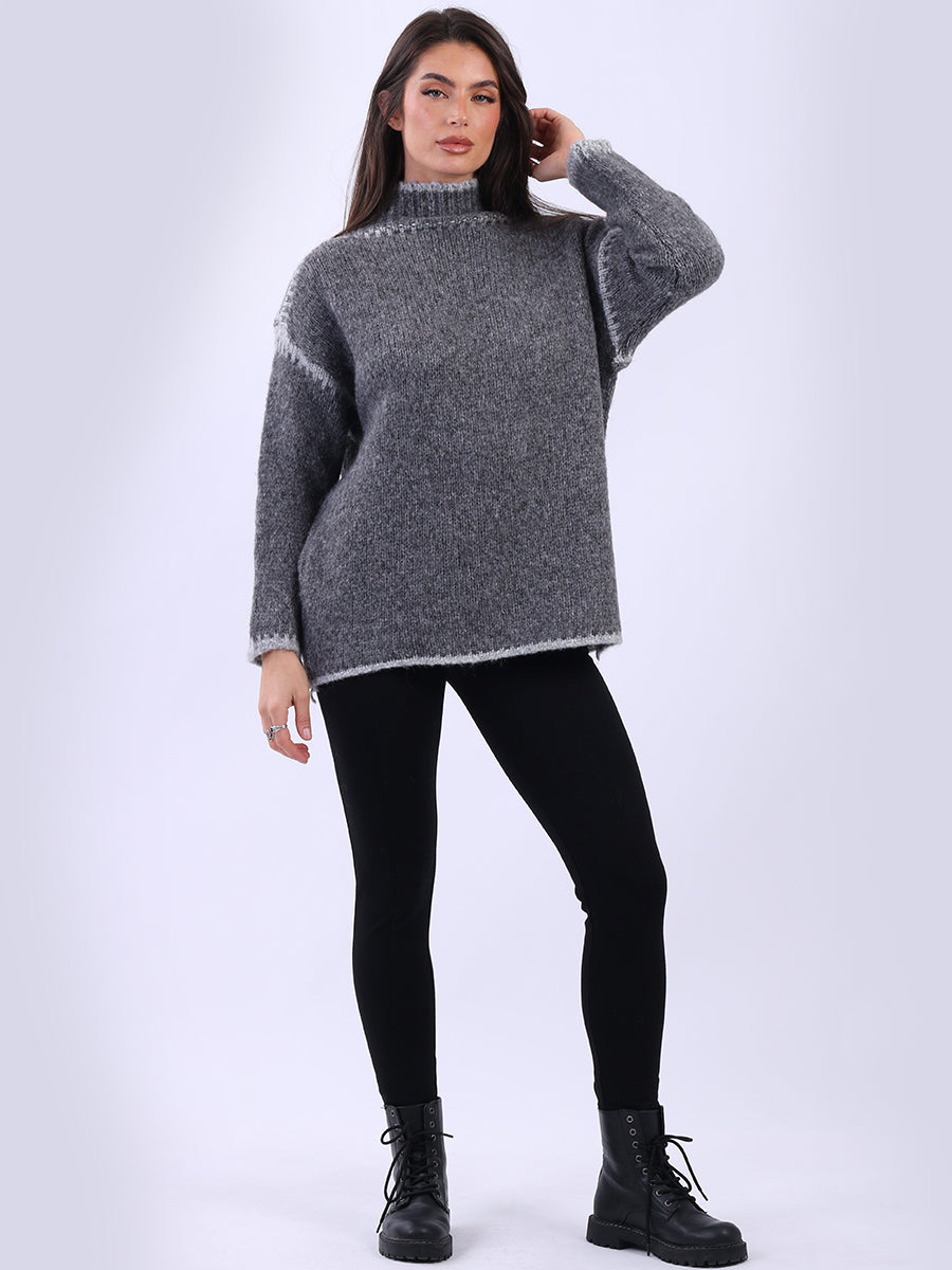 Contrast Stitch Woolen Knit Jumper Charcoal