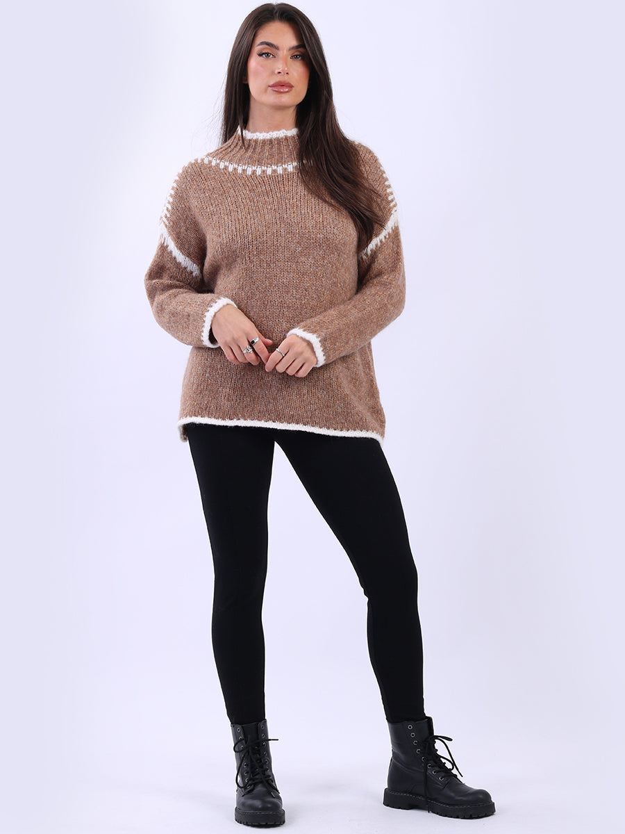 Contrast Stitch Woolen Knit Jumper Mocha