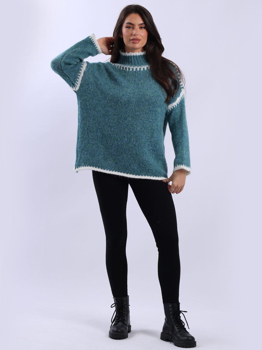 Contrast Stitch Woolen Knit Jumper Teal