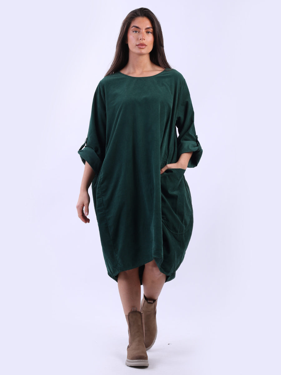 Tabbed Sleeves Plain Cotton Corduroy Dress