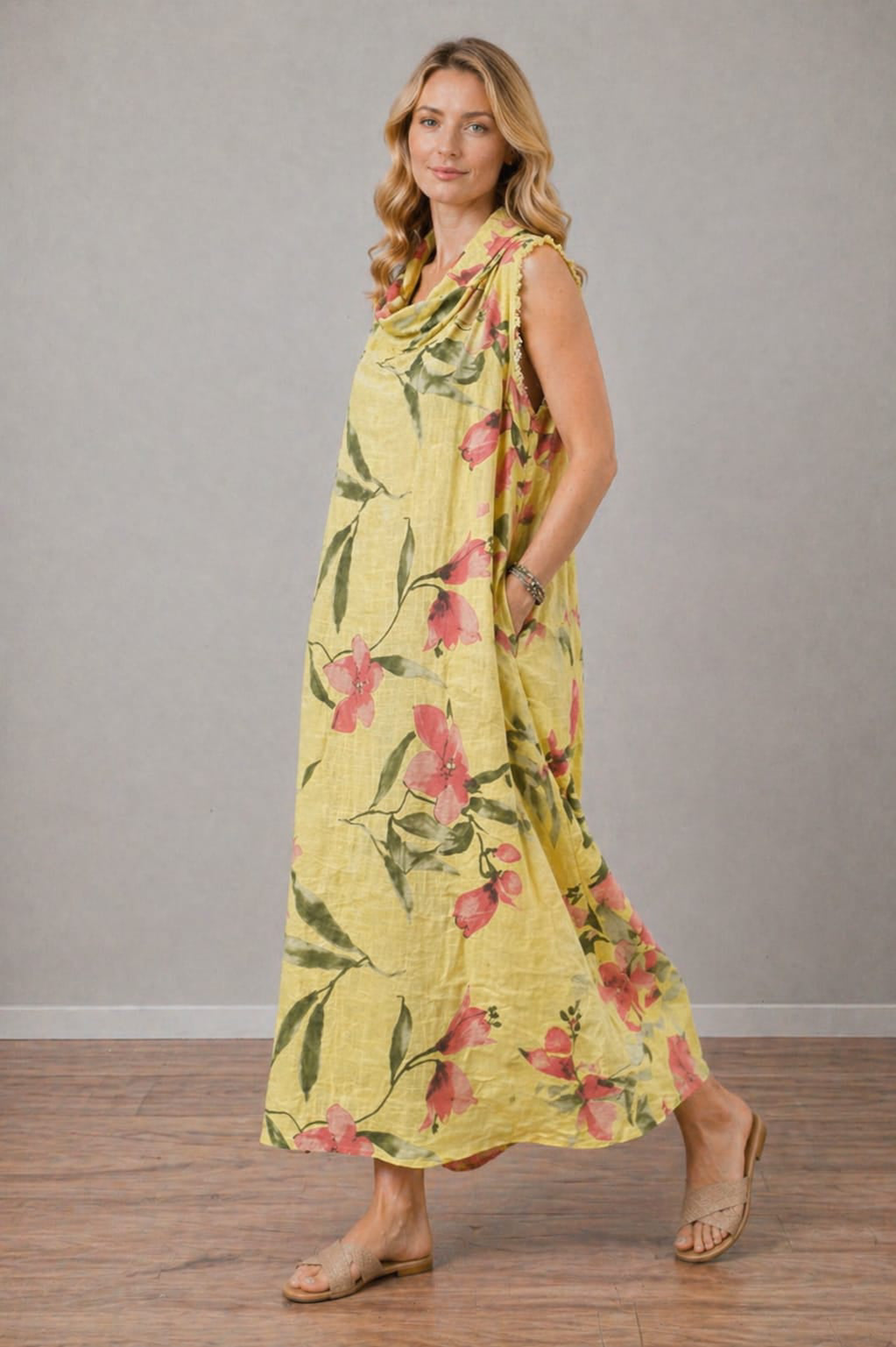 Raw Edge Floral Sleeveless Maxi Dress