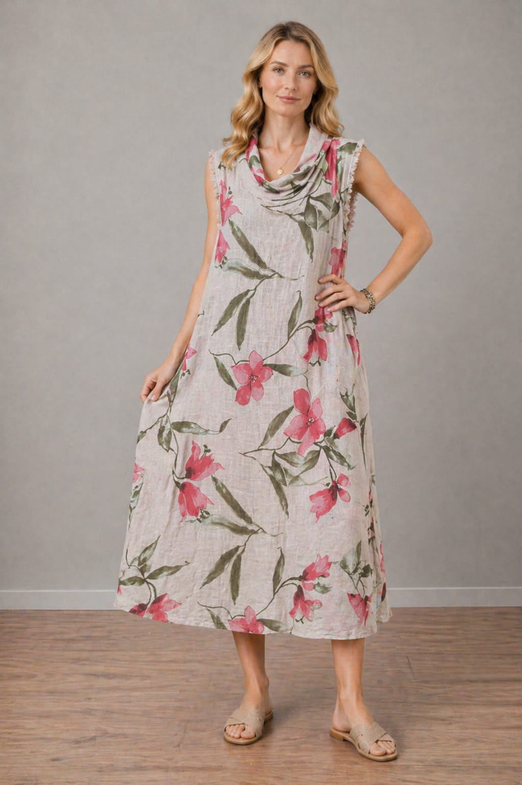 Floral Linen Dress Beige