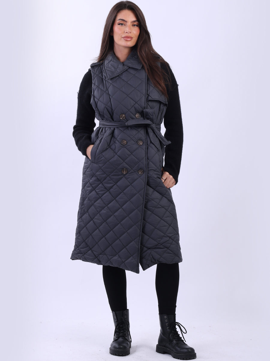 Double Breast Sleeveless Puffer Jacket Charcoal