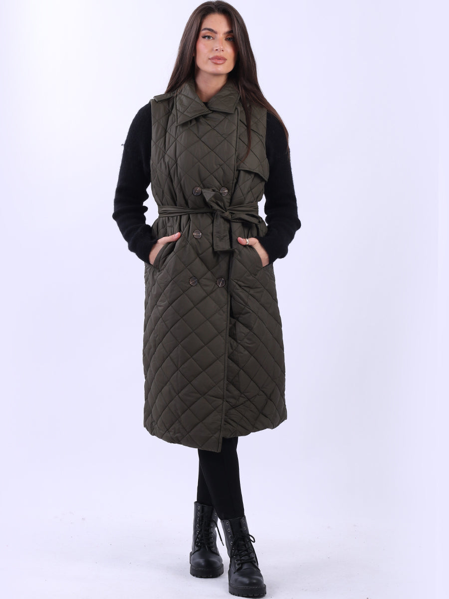 Double Breast Sleeveless Puffer Jacket Khaki