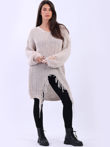 Fringe Knit Longline Jumper Beige