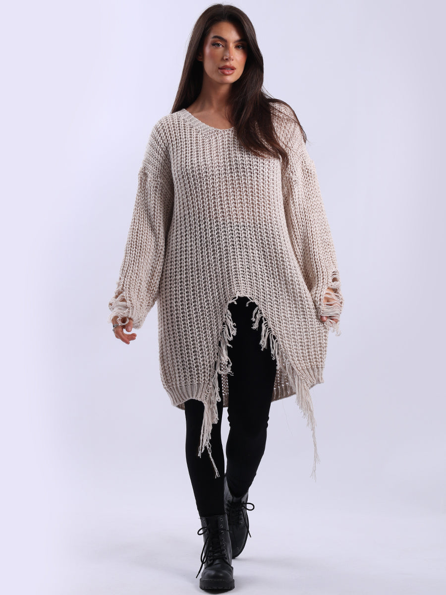 Women Longline Fringe Chunky Knit Jumper