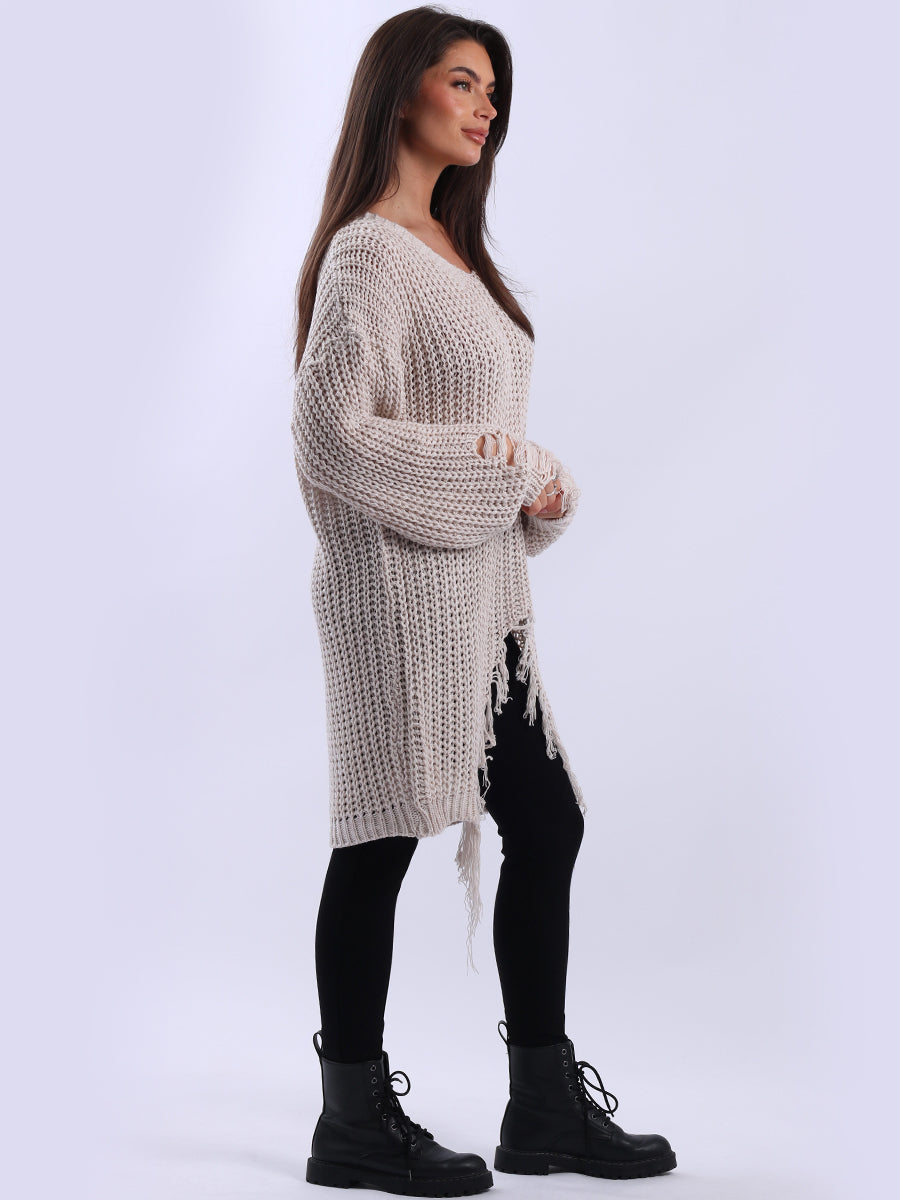 Women Longline Fringe Chunky Knit Jumper