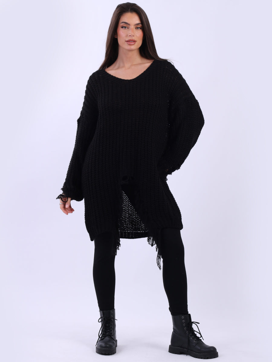 Fringe Knit Longline Jumper Black
