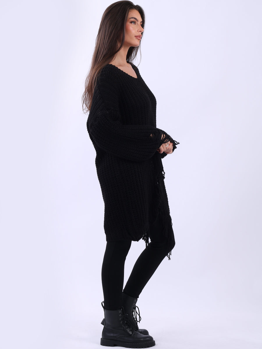 Women Longline Fringe Chunky Knit Jumper