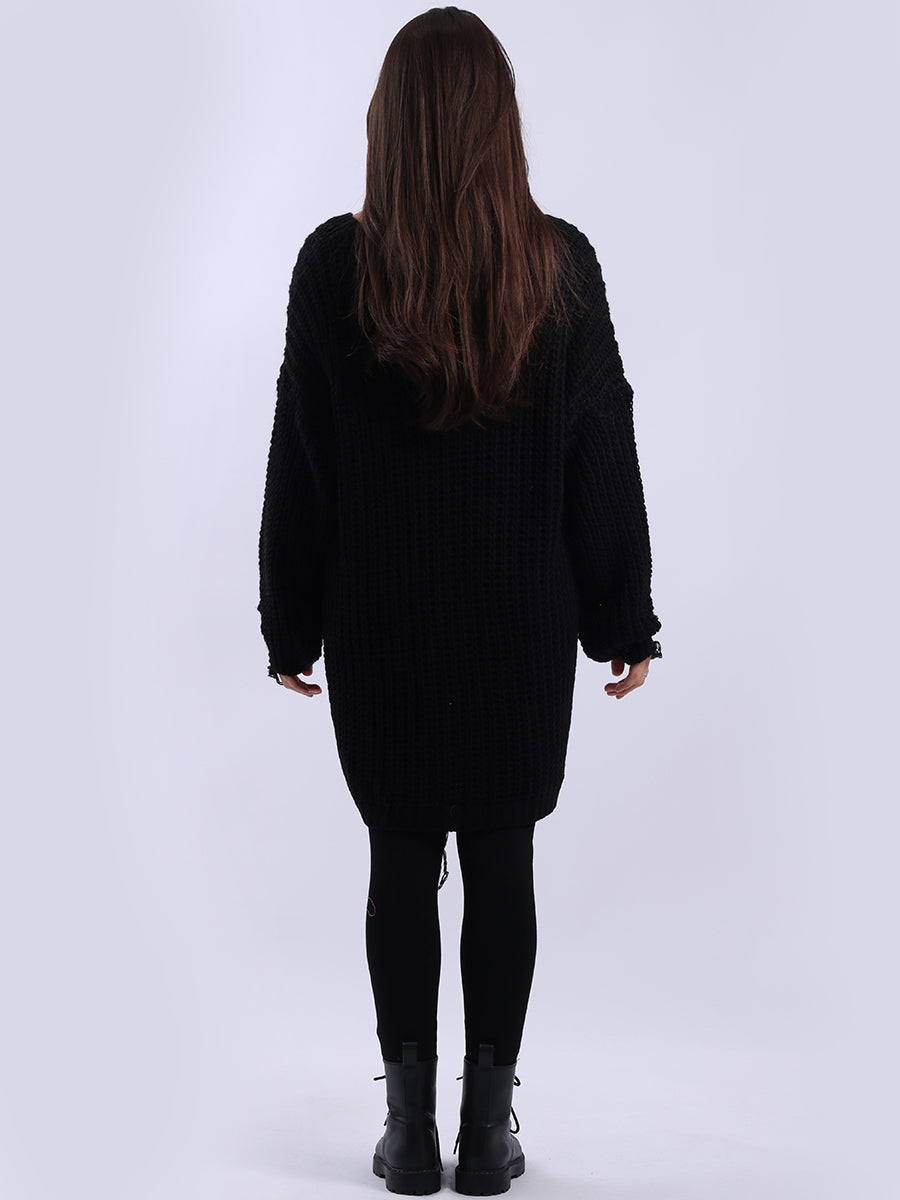 Women Longline Fringe Chunky Knit Jumper