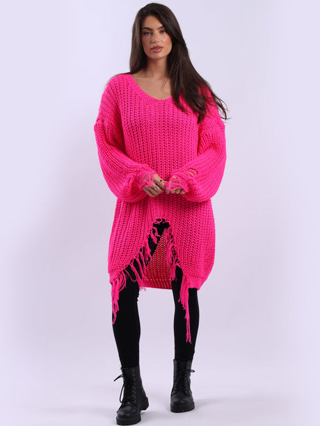 Fringe Knit Longline Jumper Fuchsia