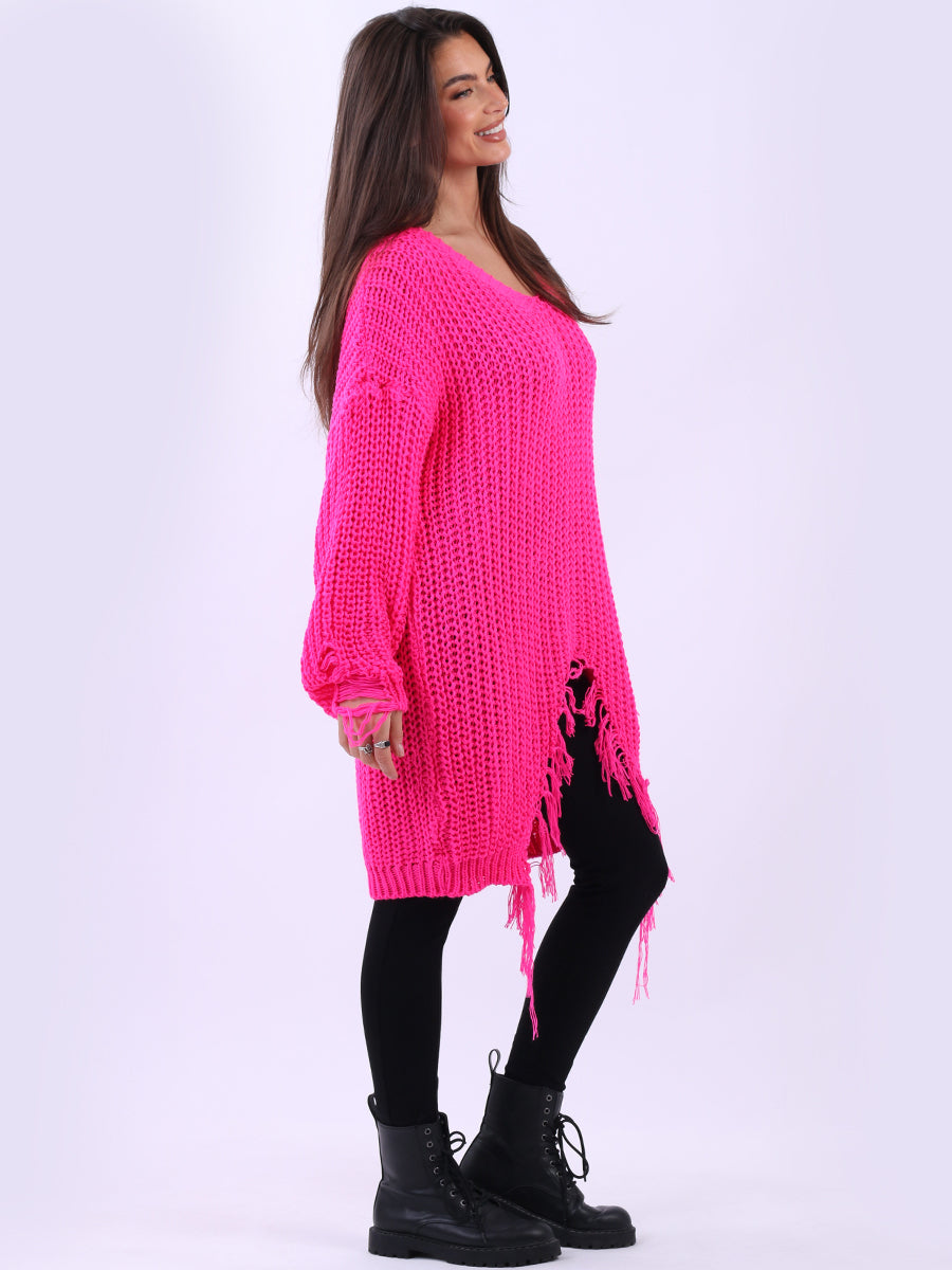 Women Longline Fringe Chunky Knit Jumper