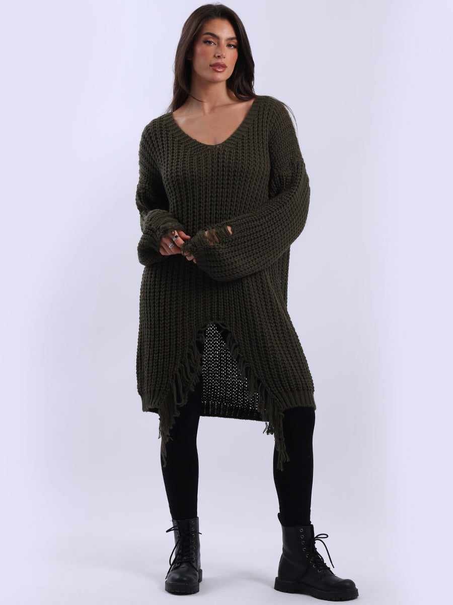 Fringe Knit Longline Jumper Khaki