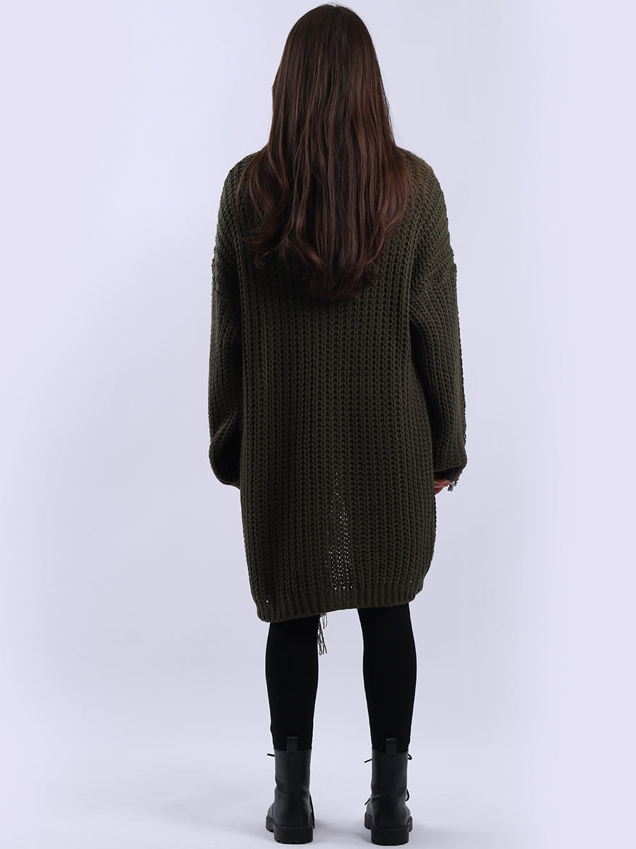 Women Longline Fringe Chunky Knit Jumper
