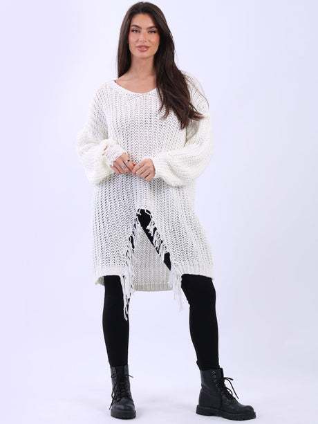 Fringe Knit Longline Jumper Off White