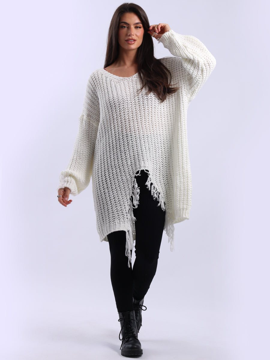 Women Longline Fringe Chunky Knit Jumper