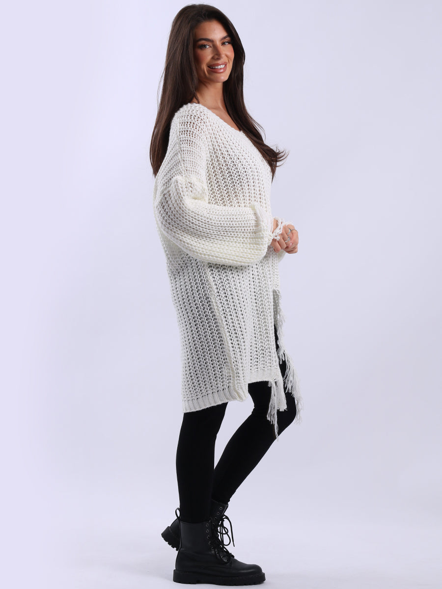 Women Longline Fringe Chunky Knit Jumper