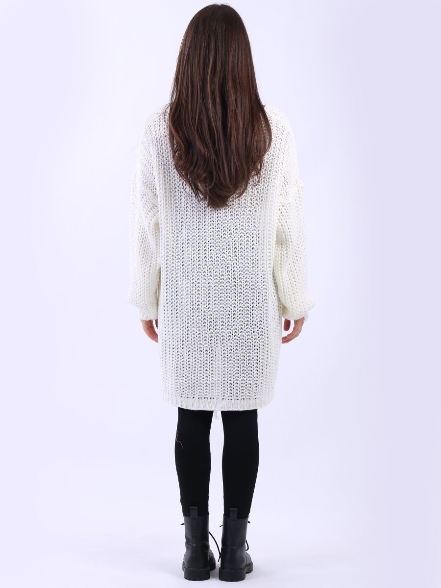 Women Longline Fringe Chunky Knit Jumper