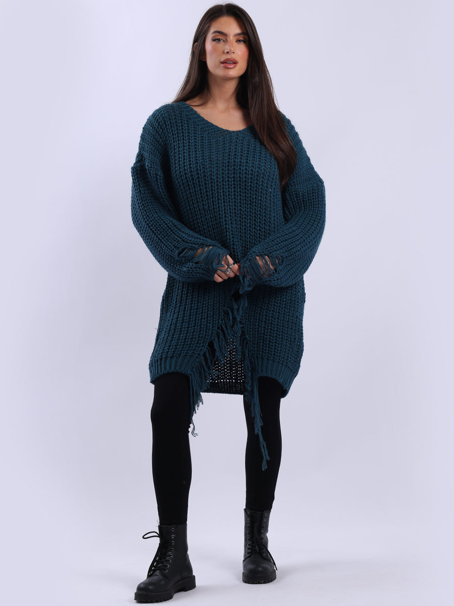 Women Longline Fringe Chunky Knit Jumper