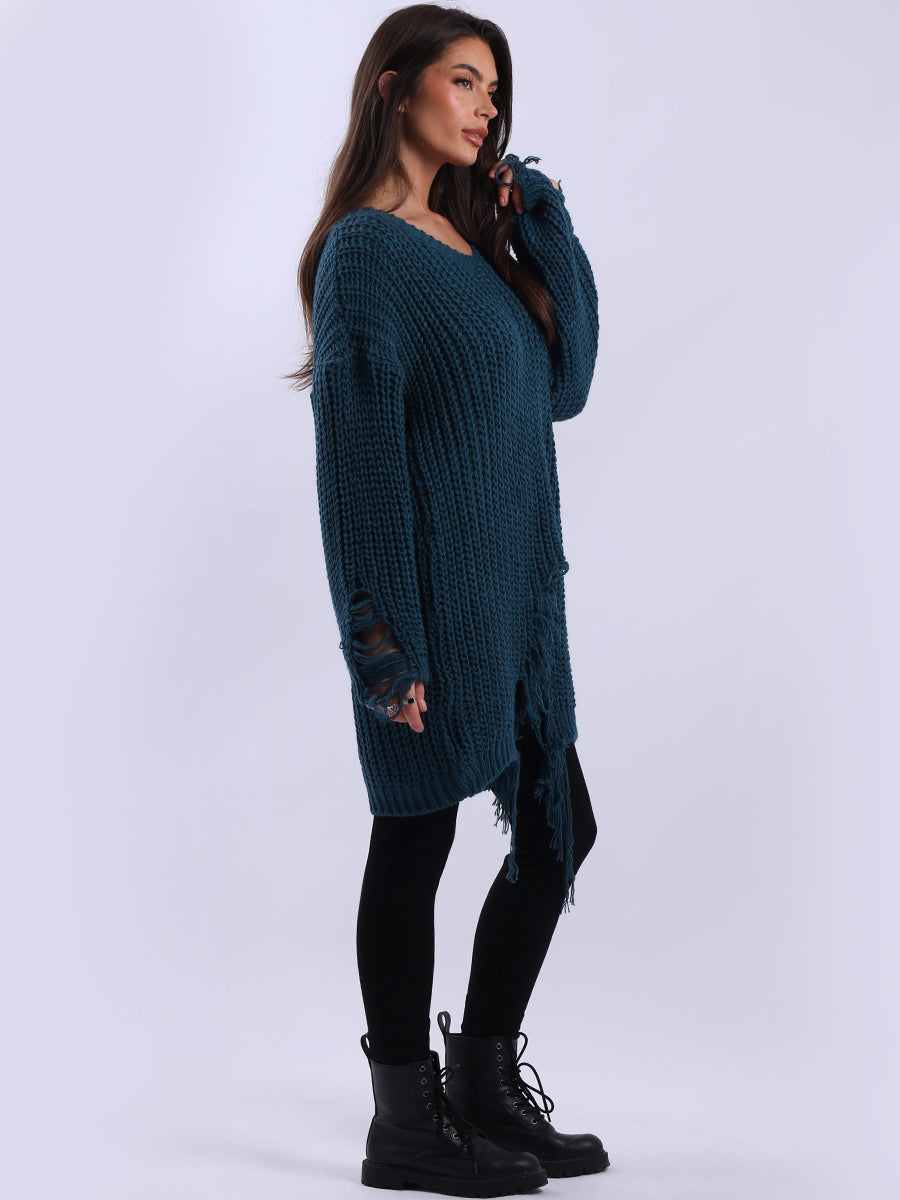 Women Longline Fringe Chunky Knit Jumper