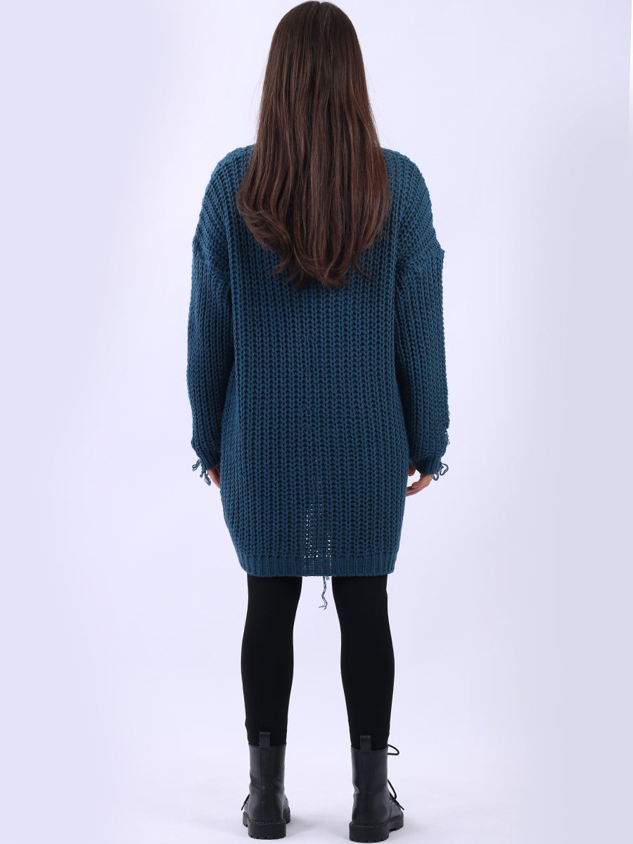 Women Longline Fringe Chunky Knit Jumper