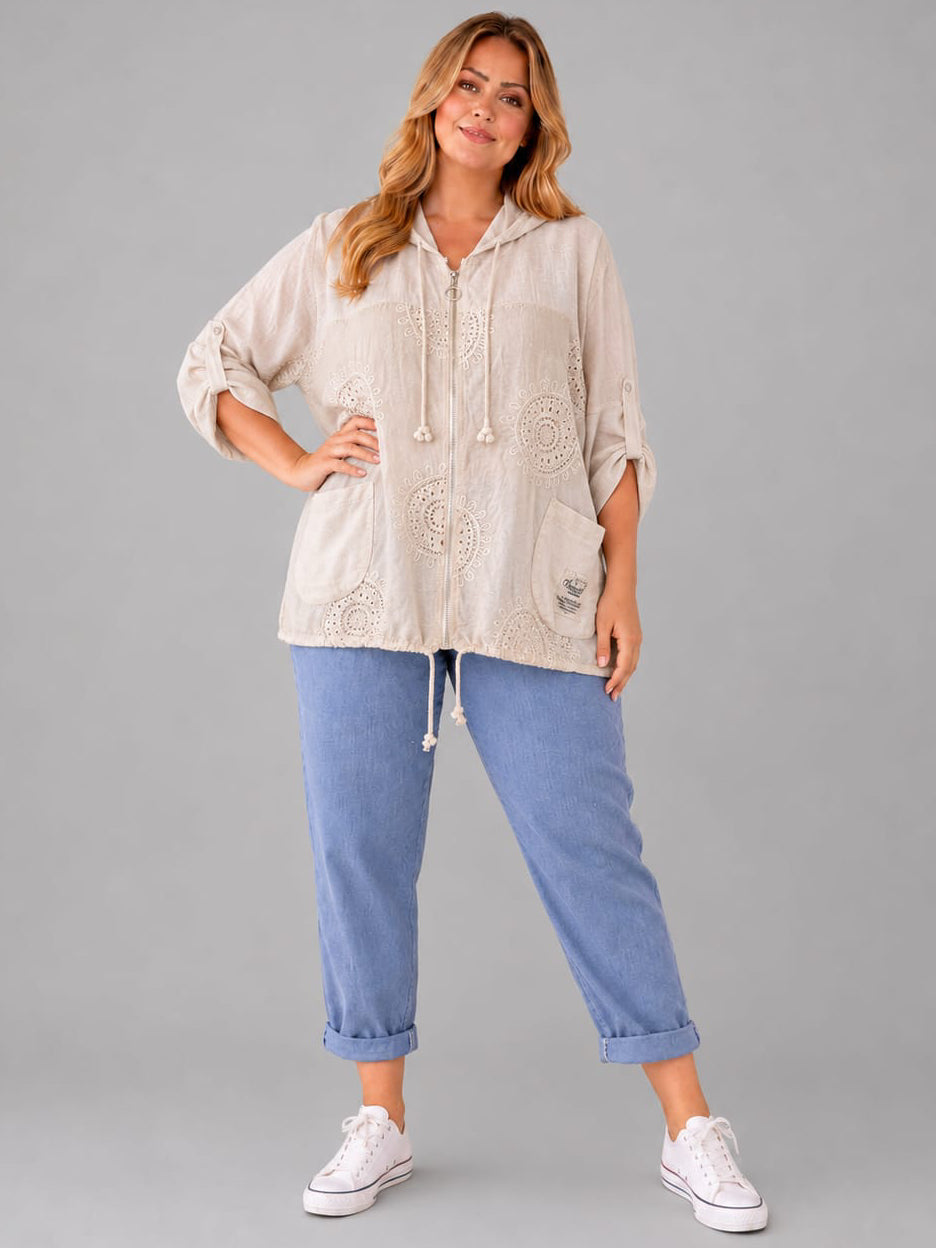 Embroidered Hoodie Top Beige