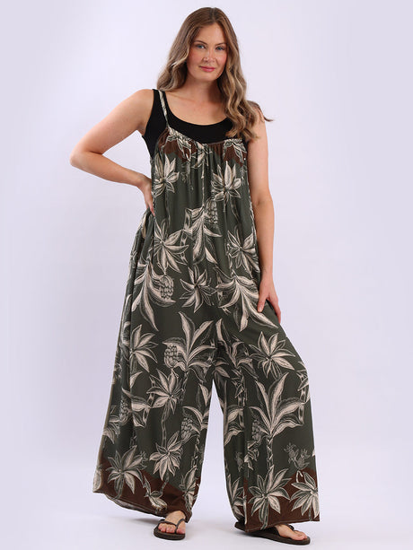 Floral Oversized Cotton Jumpsuit Khaki
