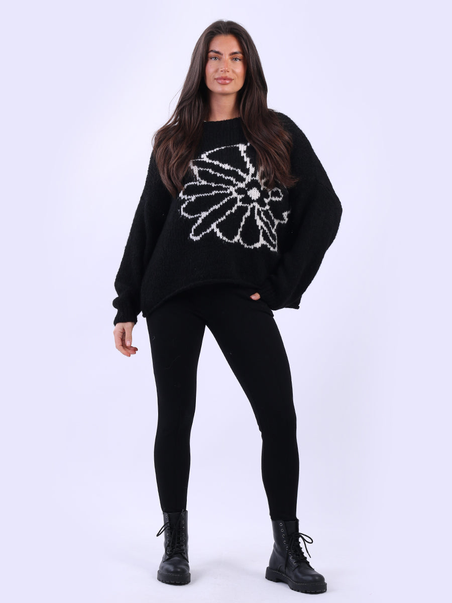 Floral Knit Baggy Wool Jumper Black
