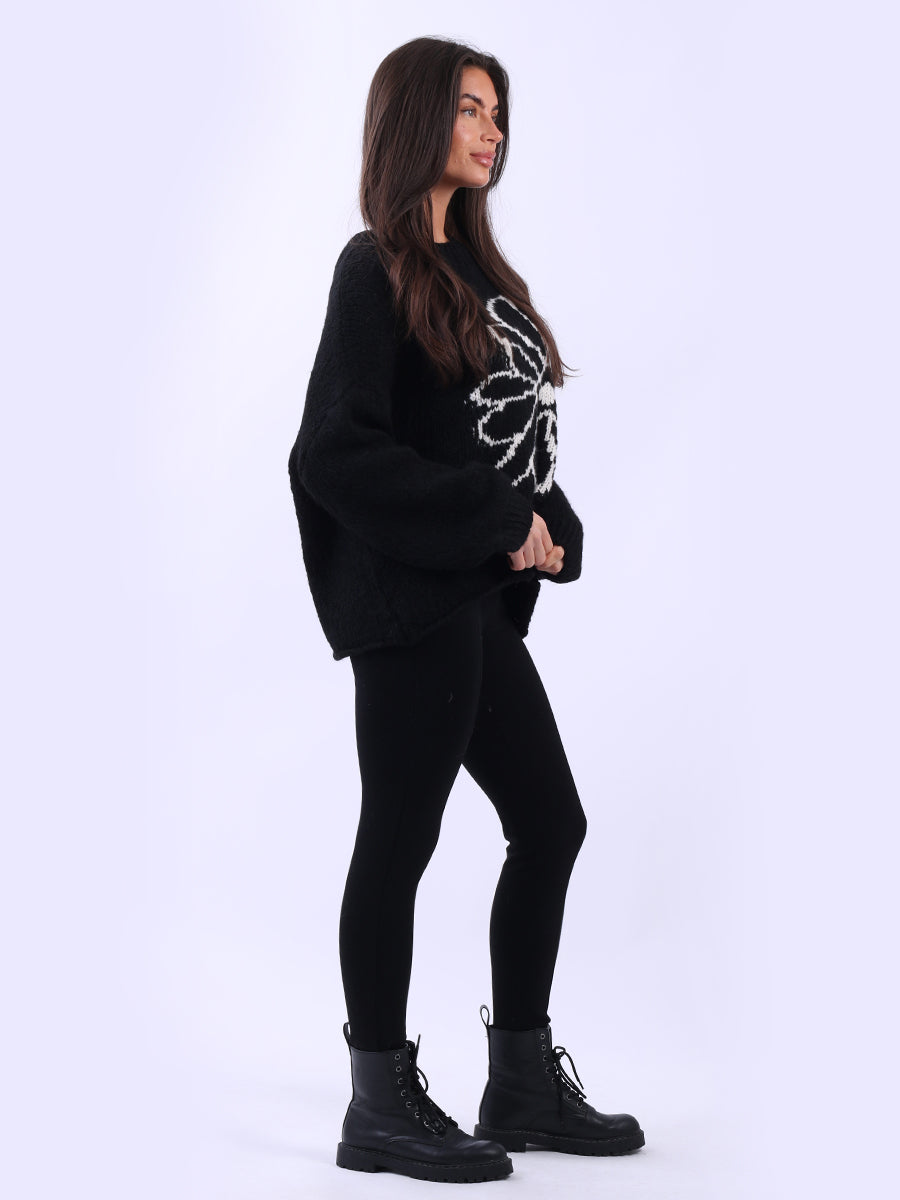 Drop Shoulder Floral Knit Wooly Jumper