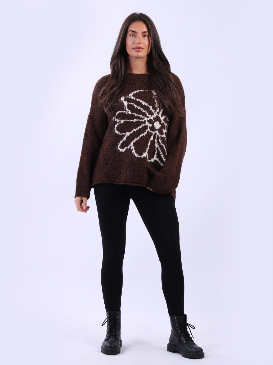 Floral Knit Baggy Wool Jumper Chocolate